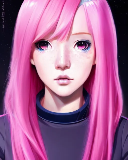 Image similar to portrait Anime pink haired space cadet girl Anna Lee Fisher anime cute-fine-face, pretty face, realistic shaded Perfect face, fine details. Anime. realistic shaded lighting by Ilya Kuvshinov Giuseppe Dangelico Pino and Michael Garmash and Rob Rey, IAMAG premiere, aaaa achievement collection, elegant freckles, fabulous, daily deviation, annual award winner