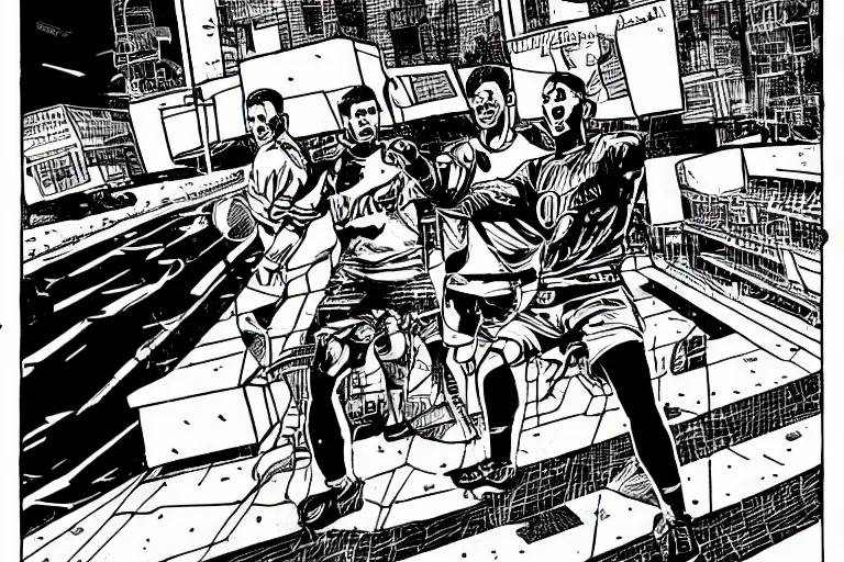 Image similar to cristiano ronaldo taking a penalty shot, a page from cyberpunk 2 0 2 0, style of paolo parente, style of mike jackson, adam smasher, johnny silverhand, 1 9 9 0 s comic book style, white background, ink drawing, black and white