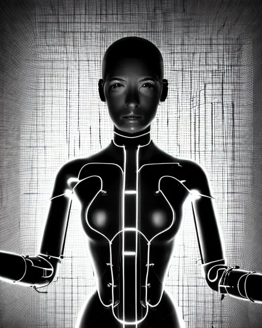 Image similar to black and white artistic photo, full figure, young female cyborg - vegetal, microchip, artificial intelligence, bio - mechanical bio - luminescence, black wired cables, cinematic, rim light, photo - realistic, 8 k