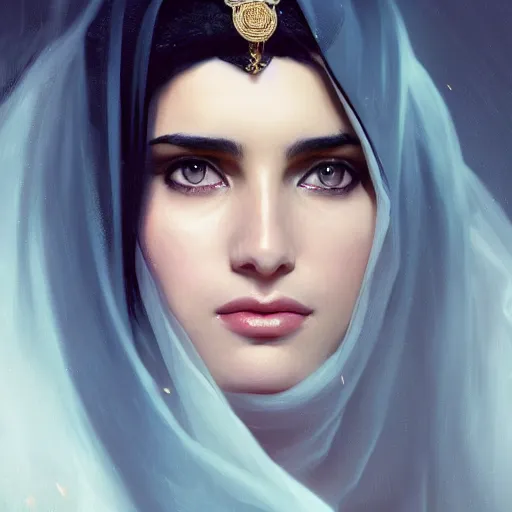 Prompt: a Photorealistic dramatic hyperrealistic render of an arab ameera al taweel, blue eyes, wavy black hair, white veil,by WLOP,Artgerm,Greg Rutkowski,Alphonse Mucha, Beautiful dynamic dramatic dark moody lighting,shadows,cinematic atmosphere,Artstation,concept design art,Octane render,8K