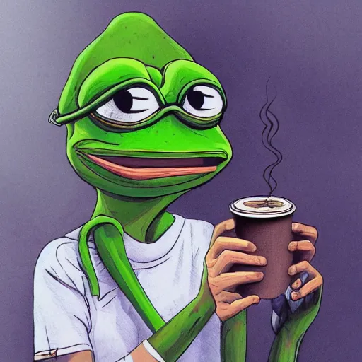 Prompt: pepe the frog offering coffee - composition : dynamic lighting, depth details, intricate, asymmetric, proportion, highly quality, balance, unity, extremely highly detailed. by bambang nurdianshyah ( face details and background ) garis edelweiss ( lighting ) roby dwi antono ( character and big details ) kira ayn varszegi ( small details )