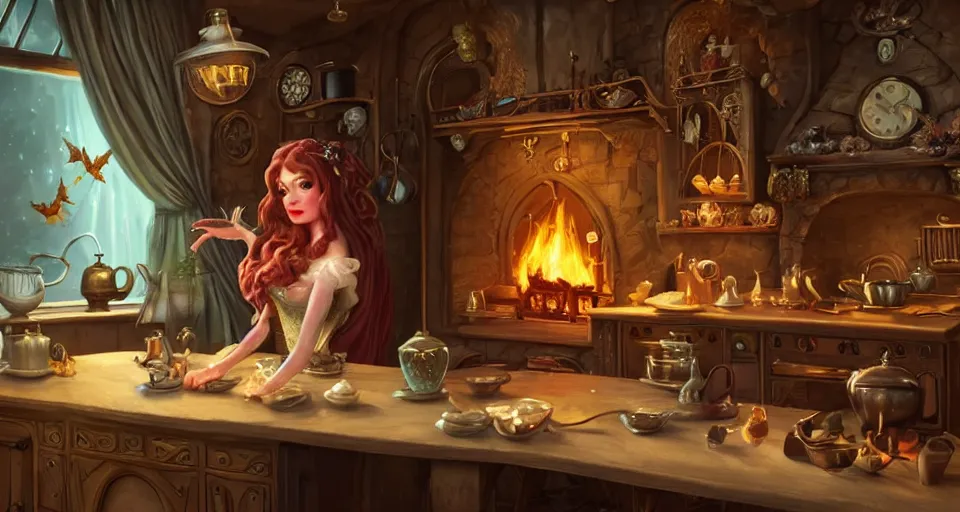 Image similar to a close - up of a fairy in a vintage magical kitchen, with a fireplace in the background d & d, fantasy, intricate, elegant, sticker illustration, artstation, concept art, smooth, sharp focus
