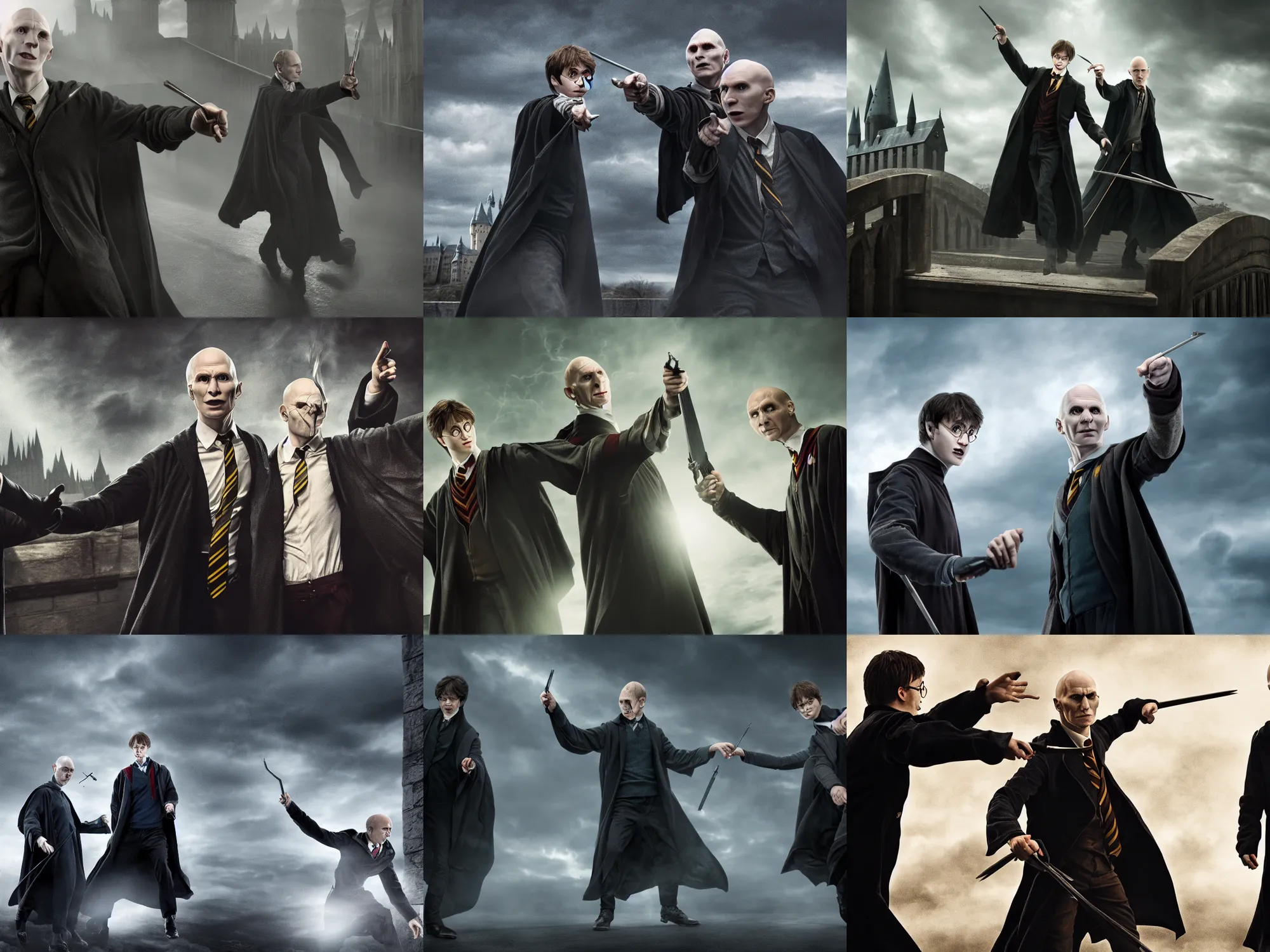 Prompt: harry potter and voldemort pointing guns at each other on a bridge, moody lighting, dark, expressive, realistic, 4 k, realism