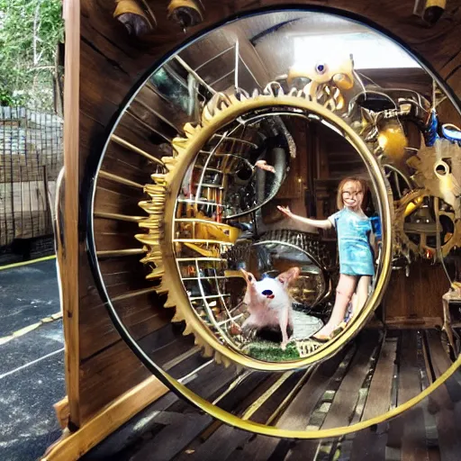 Prompt: a steampunk hamster engineer running inside a hamster wheel that looks like a cog connected to other cogs