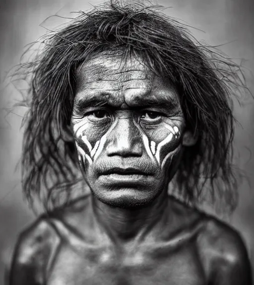 Image similar to Award winning reportage photo of Tuvalu Natives with incredible hair and beautiful hyper-detailed eyes wearing traditional garb by Lee Jeffries, 85mm ND 5, perfect lighting, gelatin silver process