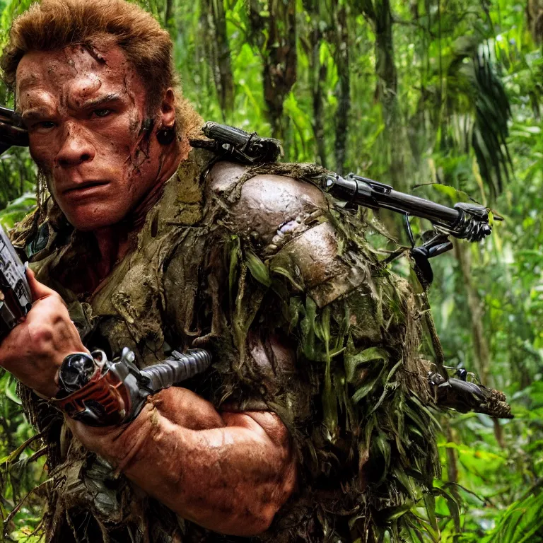 Image similar to seth rogan as arnold schwarzenegger in predator with rifle in the jungle, photo - realism, realism, predator, jungle camo