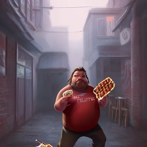 Image similar to portrait of a half fatman half pig eating kebab with long hair tied in a ponytail, light stubble with red shirt ,digital art,photorealistoc,art by greg rutkowski,hyperdetailed,western comic style,comic,comic style,sharp lineart,professional lighting,deviantart,artstation,trevor henderson,rossdtaws,cinematic,dramatic