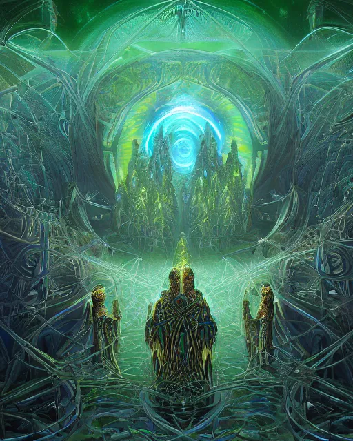 Image similar to a quantum computer, geometric crystal wiring, emerald circuits, highly advanced technology surrounded by a dark cabal of multiple hooded elven mystics in long dark robes gathered in a circular formation, dan seagrave art, michael whelan, artstation, cgsociety