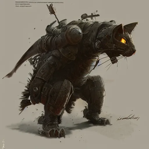 Image similar to armored cat by jean - baptiste monge, high quality, high resolution, 4 k, painted by cgsociety, rutkowski, gurney with ambient lighting, concept art, detailed, smooth, dynamic volumetric cinematic lighting, octane, raytrace