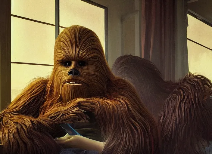 Image similar to wookiee is comfy at home trading crypto. the charts are at all time highs, gains, green charts, painting by grant wood and frank frazetta, 3 d rendering by beeple, wlop