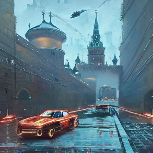 Prompt: Cyberpunk Moscow Kremlin with flying cars by Greg Rutkowski