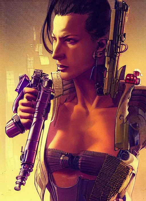 Image similar to cyberpunk mercenary. portrait by mœbius and will eisner and gil elvgren and pixar. realistic proportions. cyberpunk 2 0 7 7, apex, blade runner 2 0 4 9 concept art. cel shading. attractive face. thick lines.