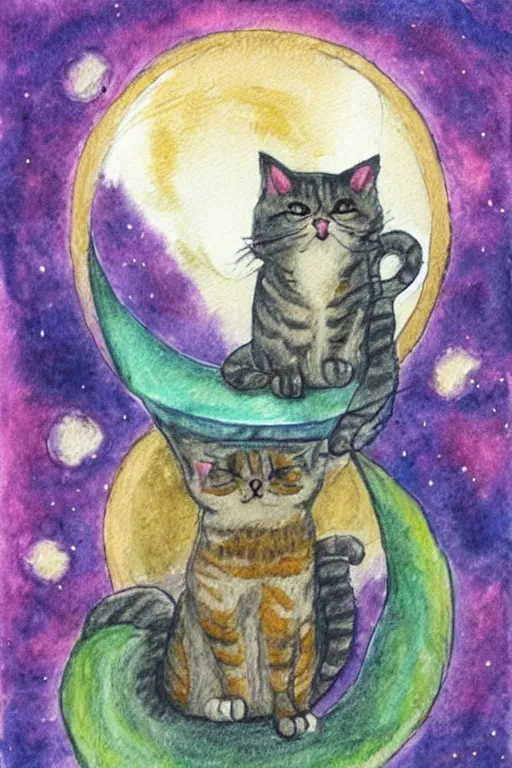 Prompt: drawing of a cat sitting on moon, witchy, mystical, watercolor