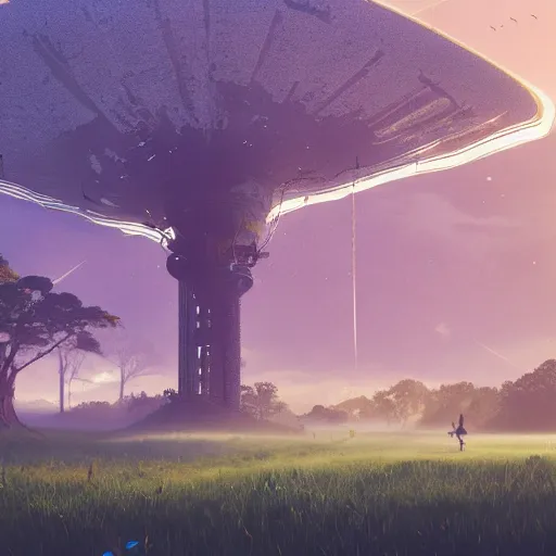 Image similar to scenery of a beautiful rural landscape at dawn with a big hovering steampunk space ship, in the style of simon stalenhag. light rays from the tree tops, small river on the ground, hypermaximalistic, high details, cinematic, 8 k resolution, beautiful detailed, insanely intricate details, artstation trending, octane render, unreal engine