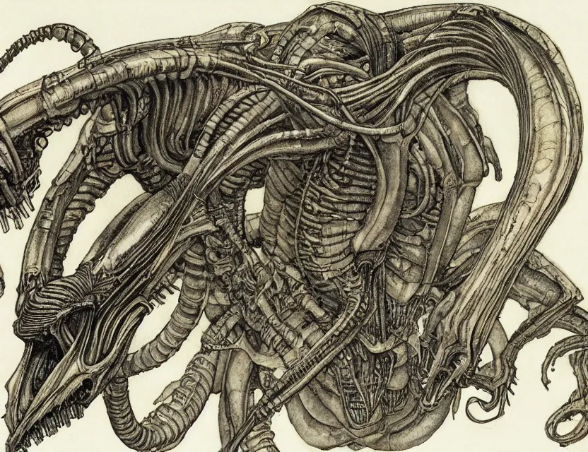 Prompt: a detailed, intricate watercolor and ink illustration with fine lines of h. r. giger's xenomorph, by arthur rackham and edmund dulac and lisbeth zwerger