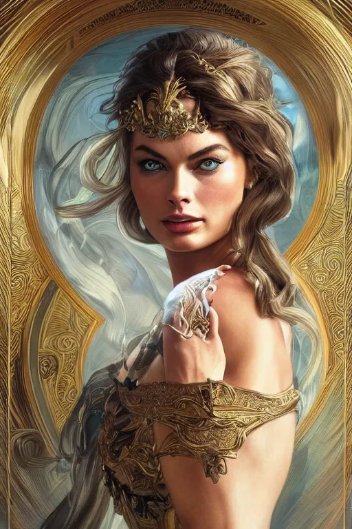 Image similar to ultra realistic illustration, a stunningly beautiful greek goddess of chaos played by margot robbie and taylor swift and megan fox, intricate, elegant, highly detailed, digital painting, artstation, concept art, smooth, sharp focus, illustration, art by artgerm and greg rutkowski and alphonse mucha