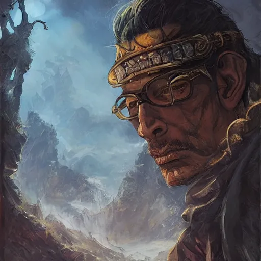 Image similar to samurai jeff goldblum in abandoned castle, by frank fazetta and peter mohrbacher, hq artwork, coherent, insane detail, concept art, character concept, character full body portrait, golden ratio, rule of thirds, highly detailed, cinematic lighting, global illumination radiating a glowing aura