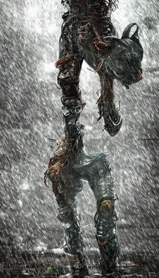 Prompt: dancing in the rain, post apocalyptic, horror, hyperdetailed, hyperrealistic, nature, soma game art style