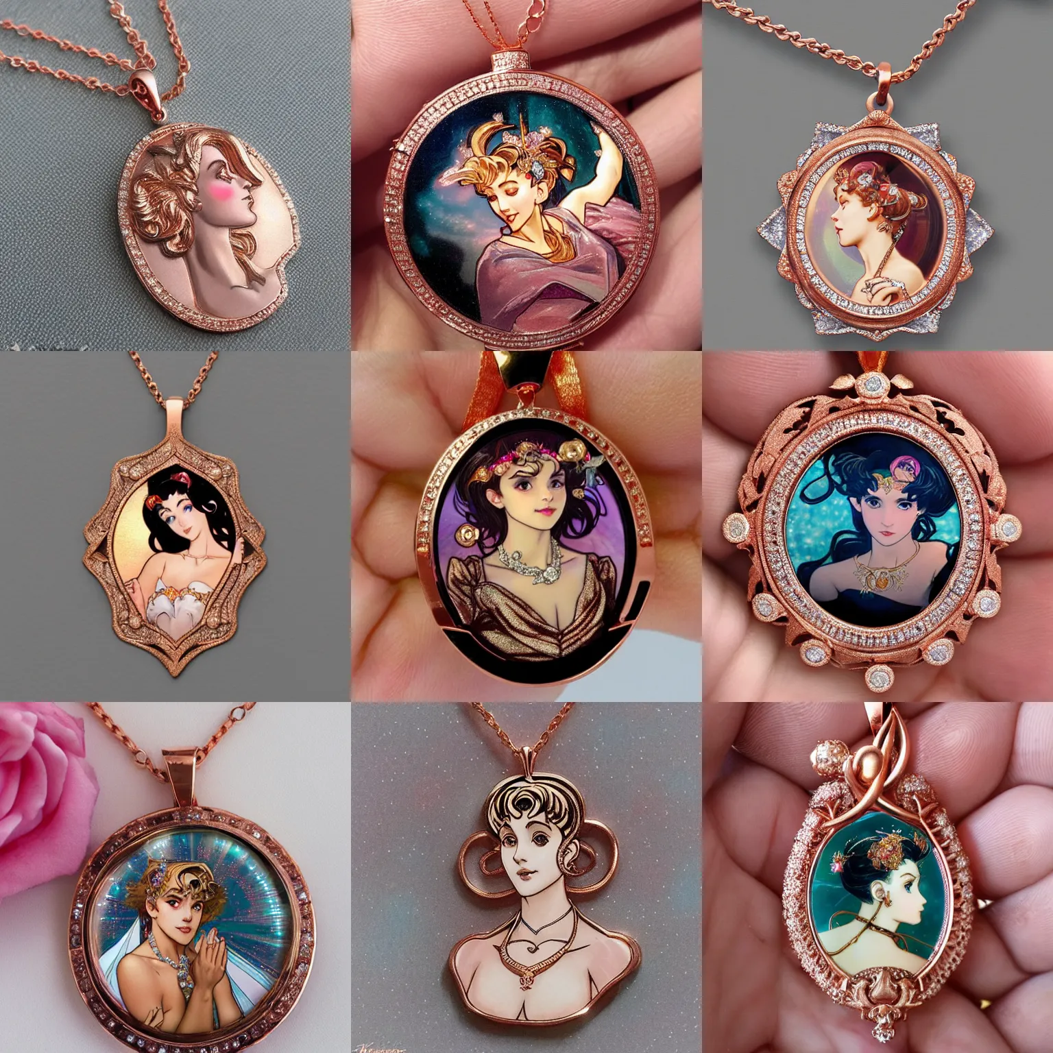 Prompt: a dramatic beautiful soul touching Tiffany Diamond Necklace made of rose gold glowing in sparkles with heavenly notes Neo Rococo, highly detailed sailor moon aesthetic, matte, sharp focus, Artgerm and Greg Rutkowski and Alphonse Mucha