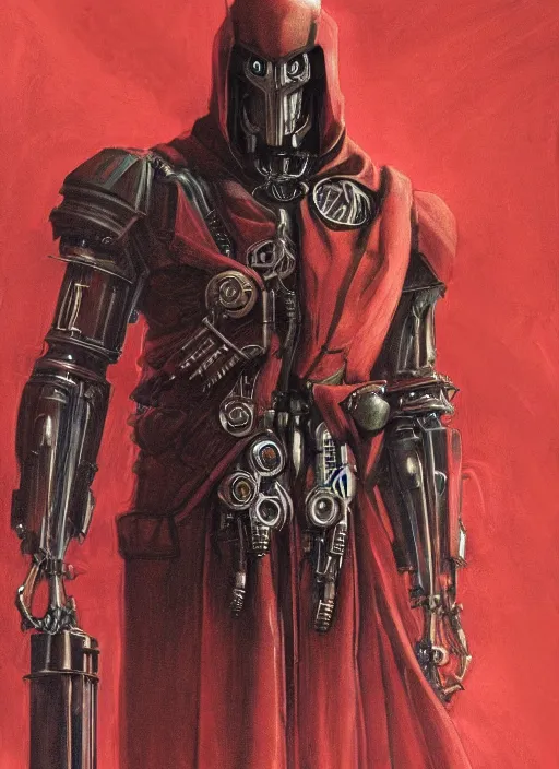 Prompt: portrait of adeptus mechanicus in red hood and robe from Warhammer 40000. Highly detailed, artstation, illustration by and John Blanche and zdislav beksinski and wayne barlowe