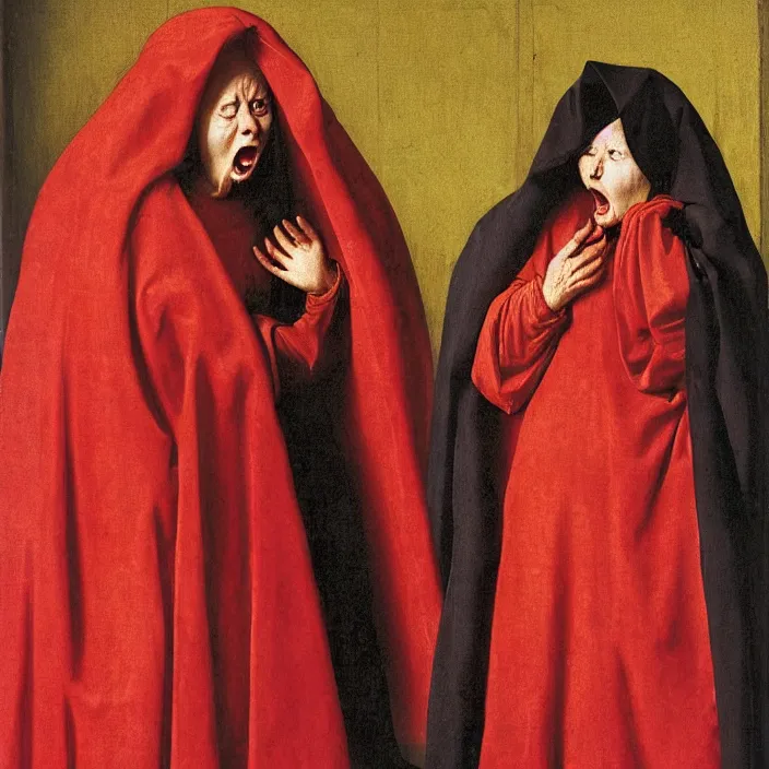 Prompt: an angry screaming woman in a red cloak, fire, by Jan van Eyck