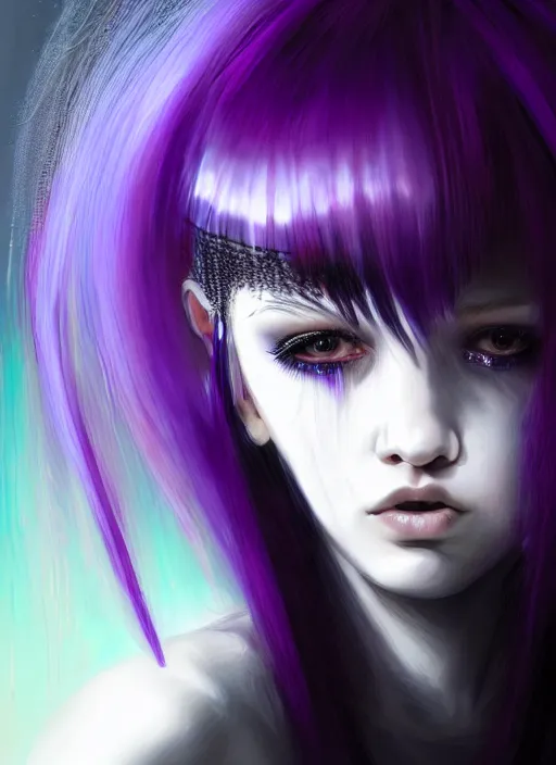 Image similar to hair whitebangs hair, black cyberlox, portrait of teenage girl with white bangs, whitebangsblackhair, messy bangs, cyberlox, whitebangs, red irises, purple clothes, intricate, elegant, glowing lights, highly detailed, digital painting, artstation, concept art, sharp focus, illustration, art by wlop, mars ravelo and greg rutkowski