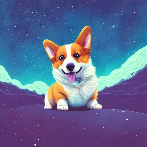 Prompt: adorable corgi puppy in space, starry background, beautiful digital painting by simon stalenhag, magical, intense, cool