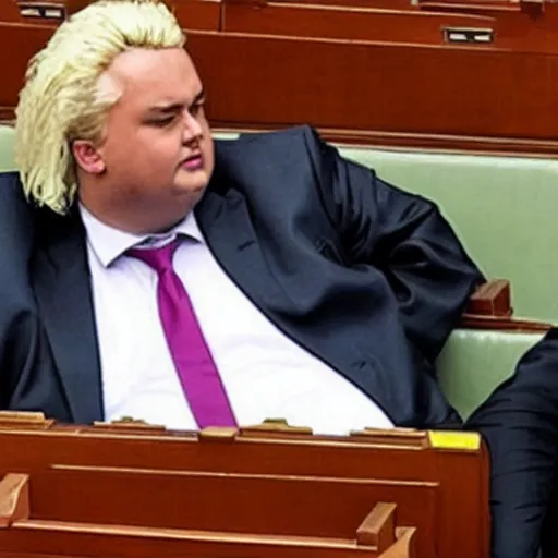 Prompt: obese geert wilders sitting in parliament bench