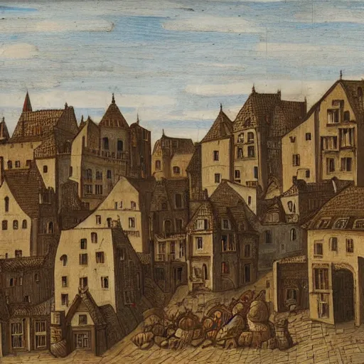 Prompt: a cityscape, settlement, buildings, detailed scenery, medieval time period —width 672