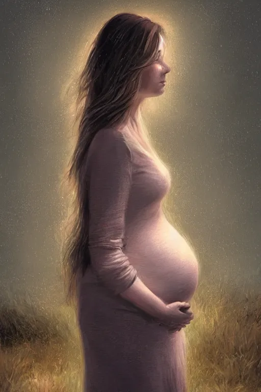 Image similar to full-length portrait of pregnant woman under street light, highly detailed, sharp focused, ultra realistic digital concept art by Alyssa Monks, Charlie Bowater