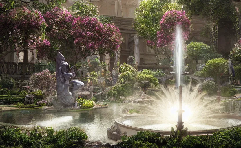 Image similar to A beautiful garden, next to a fountain and a mystical palace, hyperrealistic mixed media, stunning 3d render inspired art by P. Craig Russell and Barry Windsor-Smith + perfect facial symmetry + dim volumetric lighting, 8k octane beautifully detailed render, post-processing, extremely hyperdetailed, intricate futuristic mechanic parts, epic composition, grim yet sparkling atmosphere, cinematic lighting + masterpiece, trending on artstation