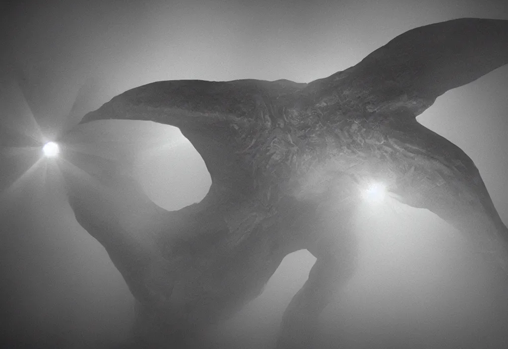 Image similar to light coming out of a bull - like kaiju starfish monster, korean film noir, fog, 4 k, video compression, video glitch, monochrome, orson welles