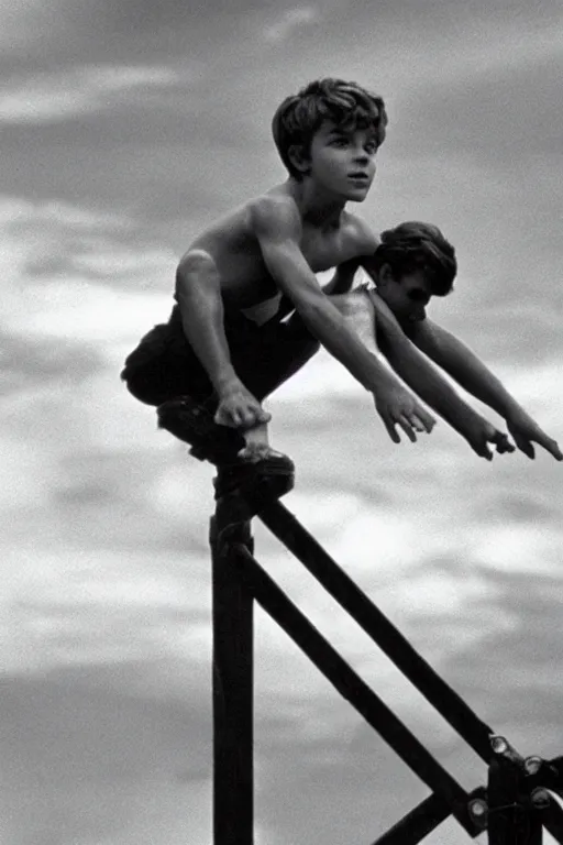 Image similar to close up still shot of young peter pan on a diving board, from the live action movie hook, 3 5 mm, highly detailed, dynamic lighting