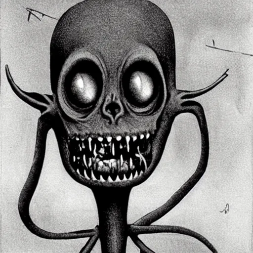 Image similar to humanoid with crooked teeth, black eyes, gaping mouth, alien looking, big forehead, horrifying, killer, creepy, dead, monster, tall, skinny, open mouth, deathly, in the style of alfred kubin