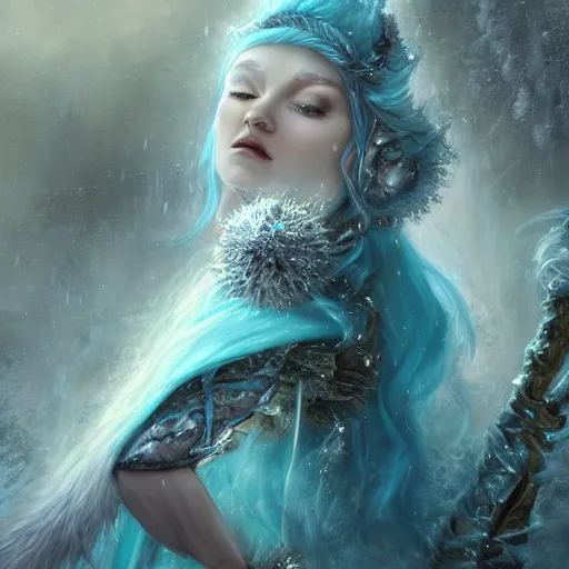 Prompt: an epic concept art of a handsome snow elf in a turquoise cape and glittering silver ornate armour stringing a bow, albino skin, winter vibes, evocative dramatic mood, intricate, elegant, by tomasz alen kopera, sharp focus, octane render, unreal 5, trending on artstation