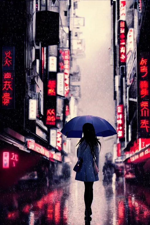 Image similar to A megan fox with an umbrella waiting to cross Shibuyas crossing in Japan, back facing the camera, rainy afternoon, beautiful volumetric lighting, intricate, digital painting, cyberpunk colours