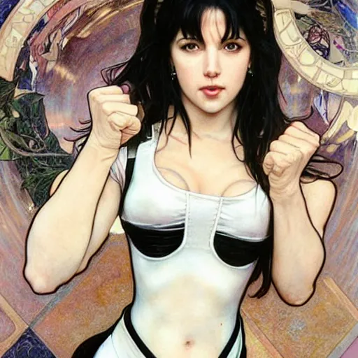 Prompt: Portrait of Tifa Lockheart with long dark brown hair and a white short top and black suspenders and kickboxing gloves drawn by Donato Giancola and Tom Bagshaw, face by Artgerm, overall design by Alphonse Mucha, background by James Jean and Gustav Klimt, light by Julie Bell, 4k, porcelain skin, komorebi, french nouveau, trending on artstation, octane render, hyperrealistic