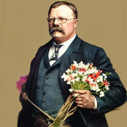 Prompt: beautiful Teddy Roosevelt holding boquet of flowers art by artgerm and greg rutkowski and alphonse mucha