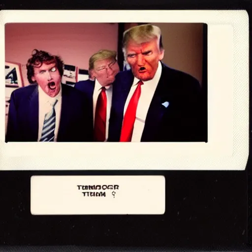 Prompt: polaroid movie still of zombie donald trump eating tucker carlson on foxnews,