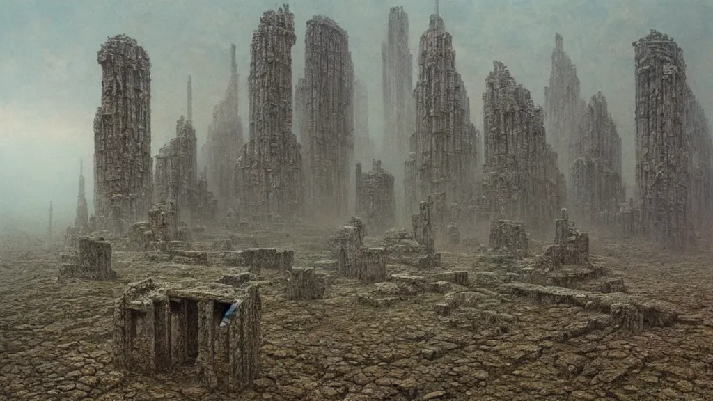 Image similar to ancient ruined relics symbolizing preponderance by beksinski and peter gric and bruce pennington