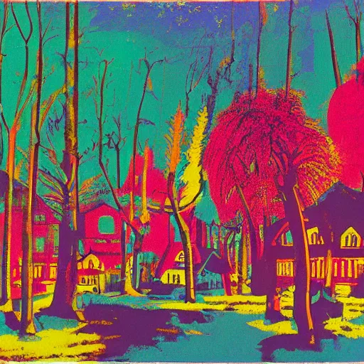 Prompt: an ancient village in a magical forest, painting by andy warhol