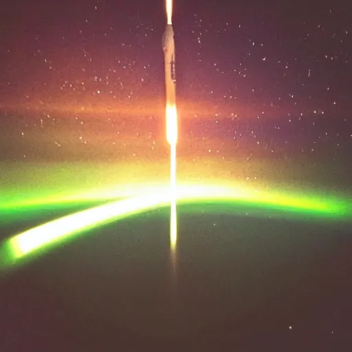 Image similar to rocket booster reentering atmosphere, at night, bright streaks, grainy quality, shot on iphone