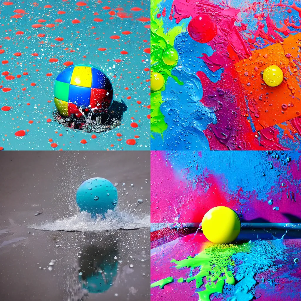 Prompt: ball splashing into a puddle of paint, big splash, freeze frame