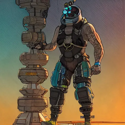 Image similar to Apex legends cyberpunk weight lifter. Concept art by James Gurney and Mœbius.