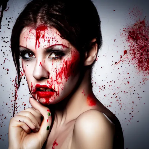 Prompt: professional headshot of an elegant female vampire with droplets of blood splattered across her face. high resolution, realistic, professional lighting, nikon camera, 8 k, imdb. com