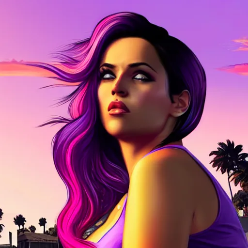 Prompt: a stunning GTA V loading screen with a beautiful woman with ombre hairstyle in purple and pink blowing in the wind, outrun, vaporware, palm trees, beautiful sky with cumulus couds, golden ratio, digital art, trending on artstation