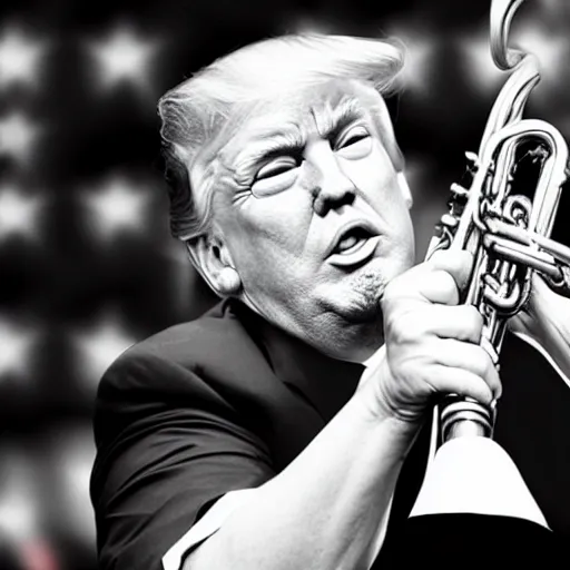 Prompt: donald trump squeezing out of a trumpet