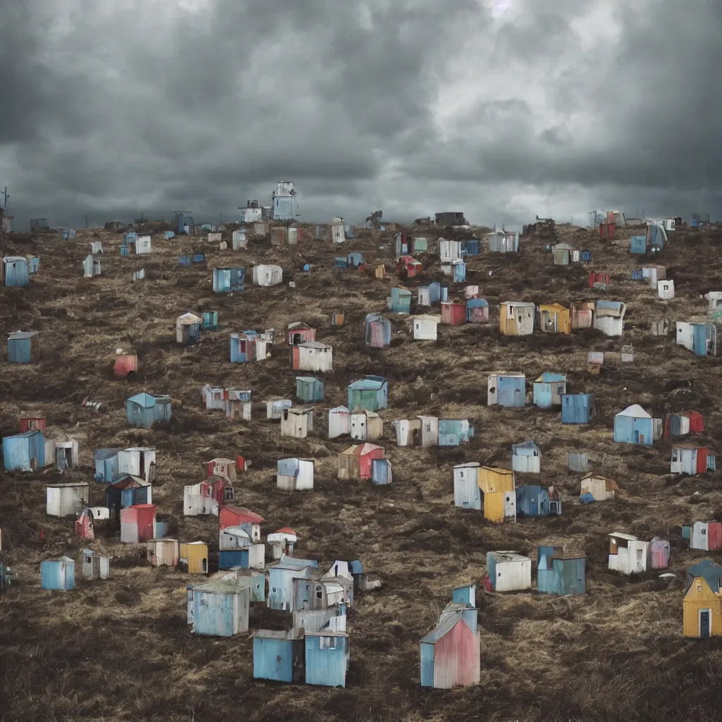 Image similar to towers made up of colourful makeshift squatter shacks, bleached colours, moody cloudy sky, dystopia, mamiya, very detailed, photographed by cristina de middel