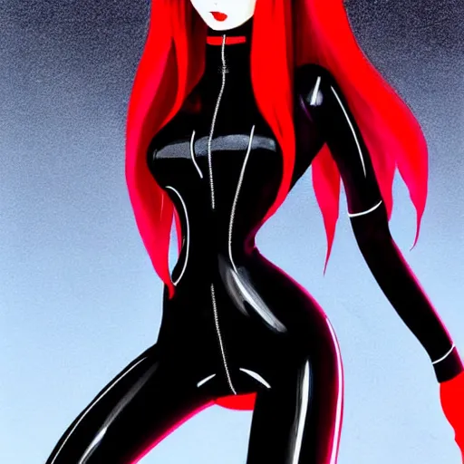 Image similar to beautiful seductive female in black leather skin tight clothes, in the rain in paris, highly detailed, painting, dark red and black color palette, intricate, high quality, anime artstyle, in the style of sana takeda