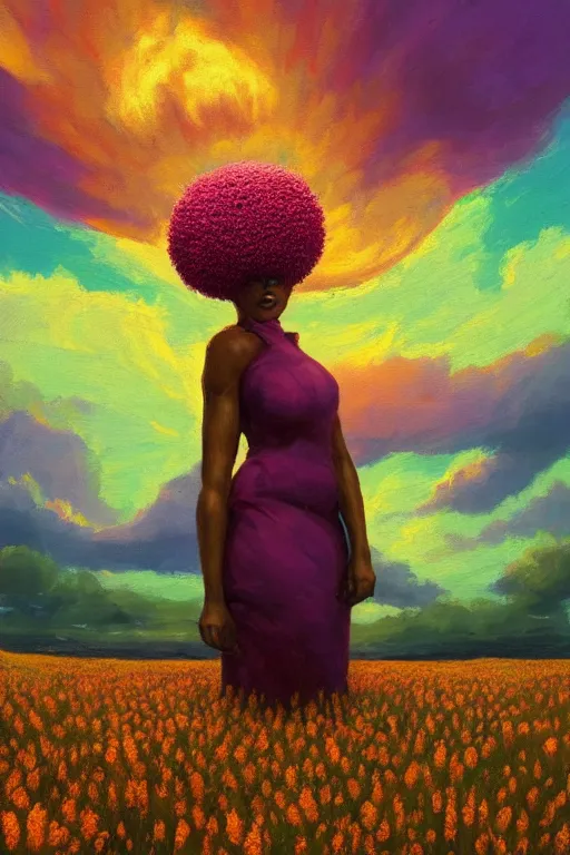 Prompt: closeup, giant flower as head, an african woman in heather field, surreal photography, golden hour, colorful clouds, impressionist painting, digital painting, artstation, simon stalenhag